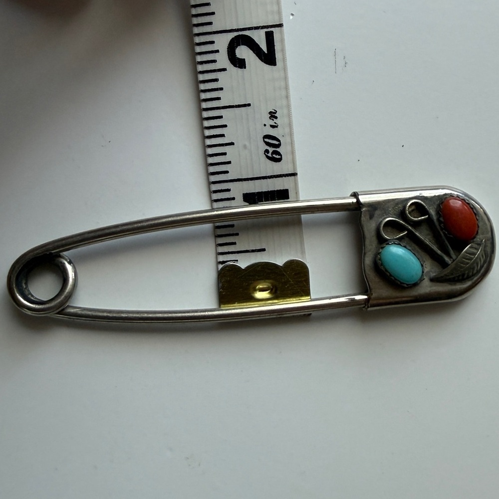 Vintage Pin Brooch Navajo Native American Sterling Silver Red Turquoise Boho - Picture 4 of 4
